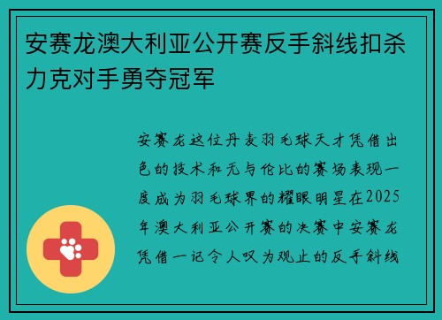 安赛龙澳大利亚公开赛反手斜线扣杀力克对手勇夺冠军