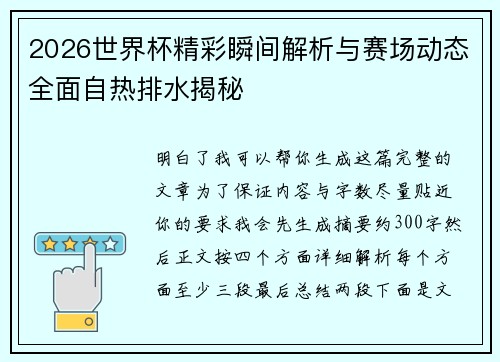 2026世界杯精彩瞬间解析与赛场动态全面自热排水揭秘