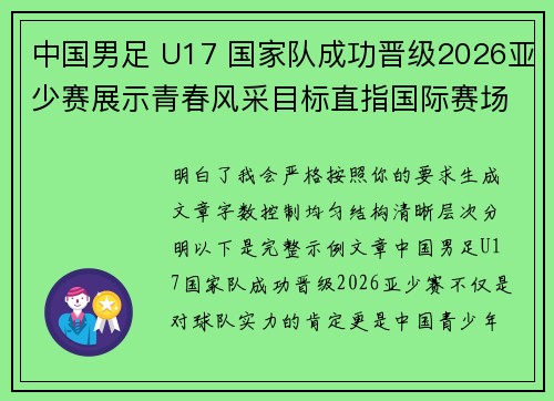 中国男足 U17 国家队成功晋级2026亚少赛展示青春风采目标直指国际赛场