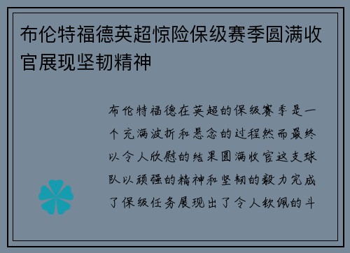 布伦特福德英超惊险保级赛季圆满收官展现坚韧精神