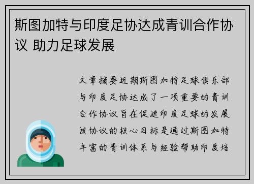 斯图加特与印度足协达成青训合作协议 助力足球发展