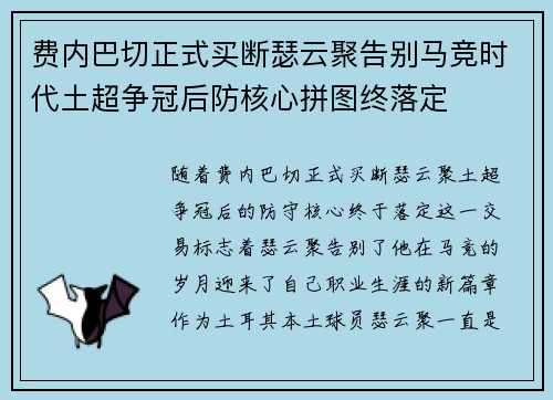 费内巴切正式买断瑟云聚告别马竞时代土超争冠后防核心拼图终落定