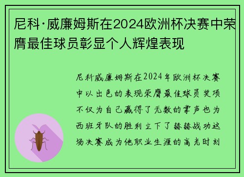 尼科·威廉姆斯在2024欧洲杯决赛中荣膺最佳球员彰显个人辉煌表现 尼科·威廉姆斯在2024欧洲杯决赛中荣膺最佳球员彰显个人辉煌表现